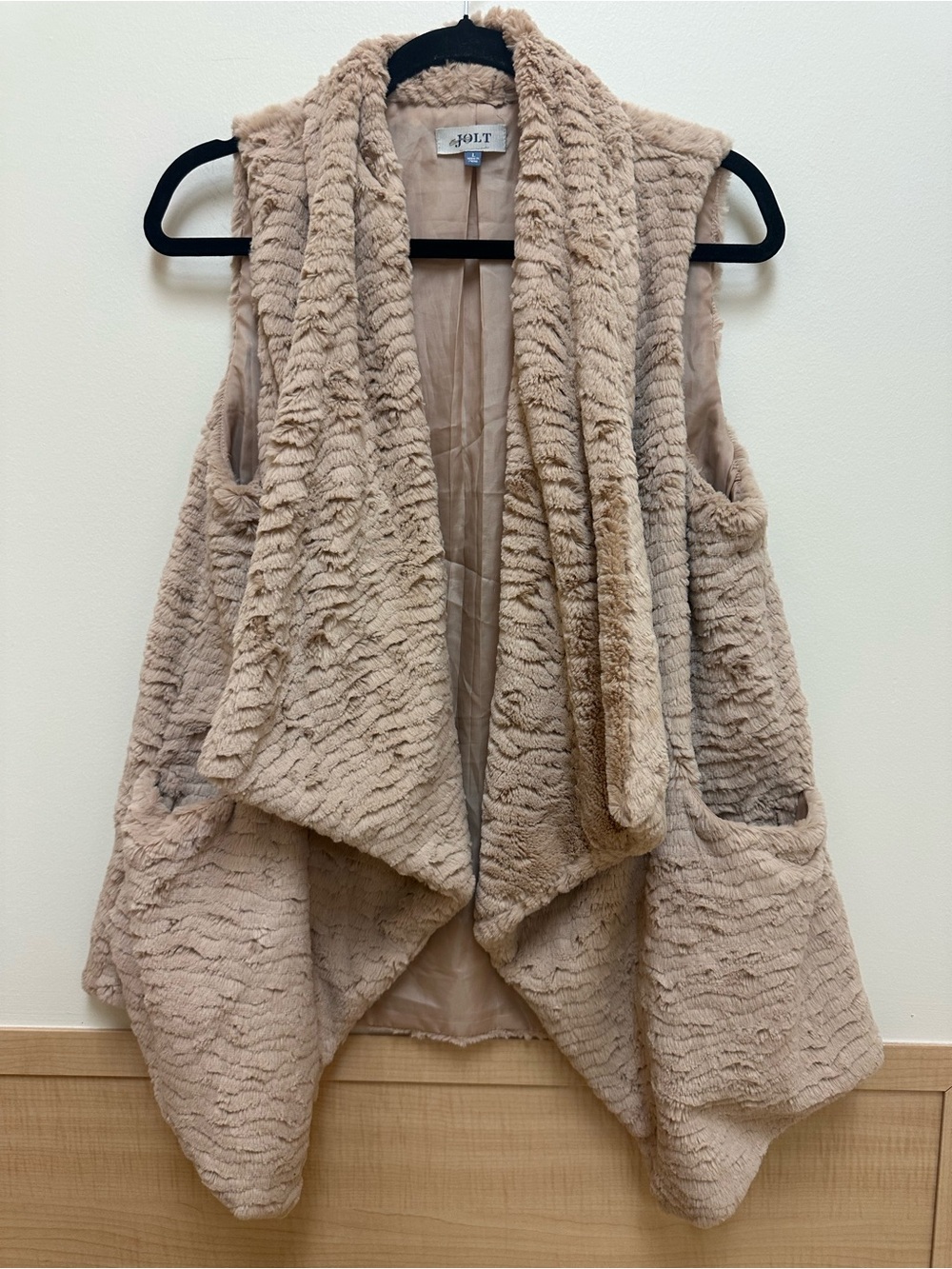 Jolt Faux Fur Draped Open-Front Vest in Tan